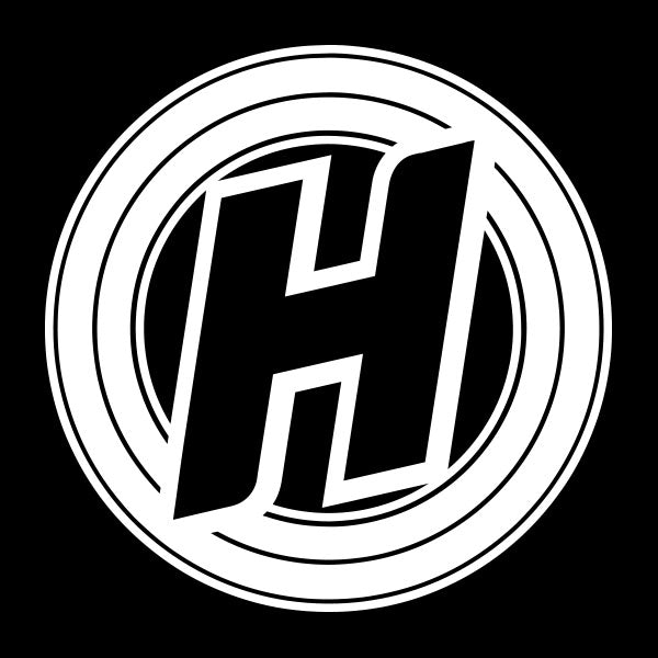A bold, stylized white letter H is centered within multiple white concentric circles on a black background.