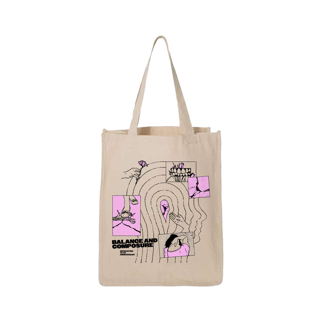 Beige heavy cotton canvas tote bag by Balance And Composure with abstract line art, flowers, purple boxes, a face, hands, "BALANCE AND COMPOSURE" in black at the bottom left, plus side and bottom gussets for extra space.