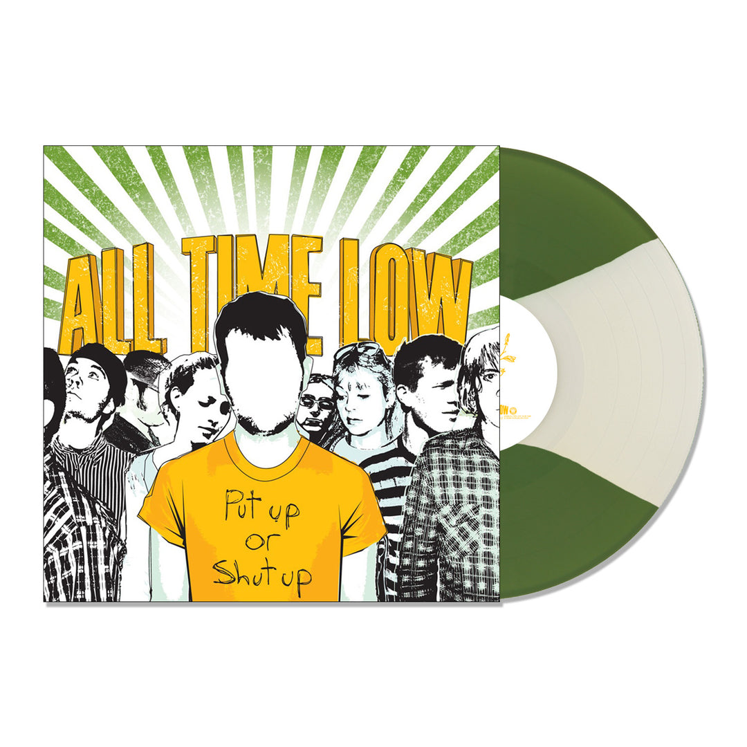All Time Low’s Put Up or Shut Up album cover shows faceless cartoon people in a crowd, one in front wearing a yellow shirt with the title. A Limited Edition All Time Low Vinyl featuring green and white stripes appears partially.