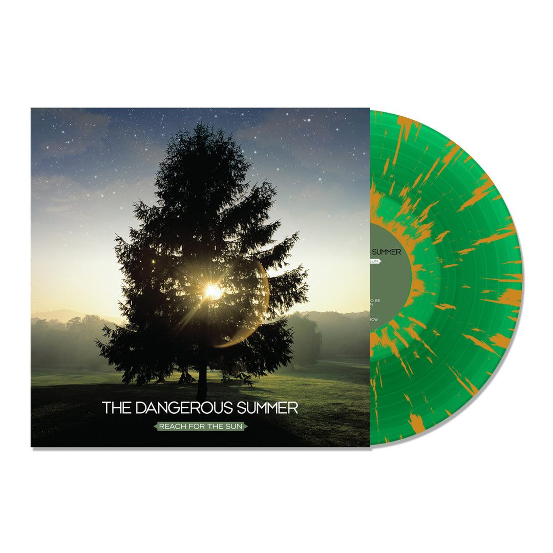 A limited edition orange splatter vinyl slides out from a sunrise tree cover. The album is "Reach For The Sun" by The Dangerous Summer.