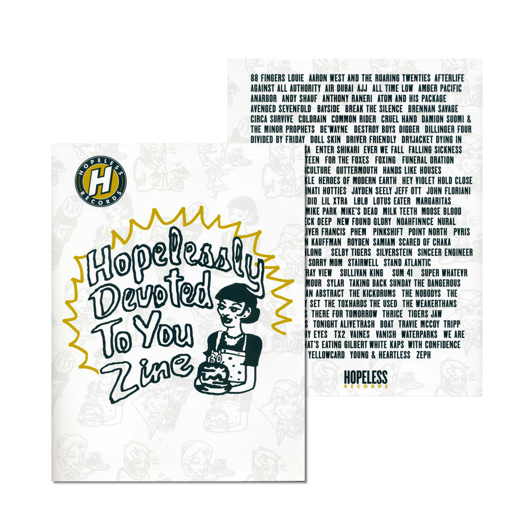 Front and back covers of a zine titled “Hopelessly Devoted To You Zine” by Hopeless Records. The front shows a cartoon holding a cat; the back lists bands and artists, celebrating Hopeless Records’ 30th Anniversary in bold text.