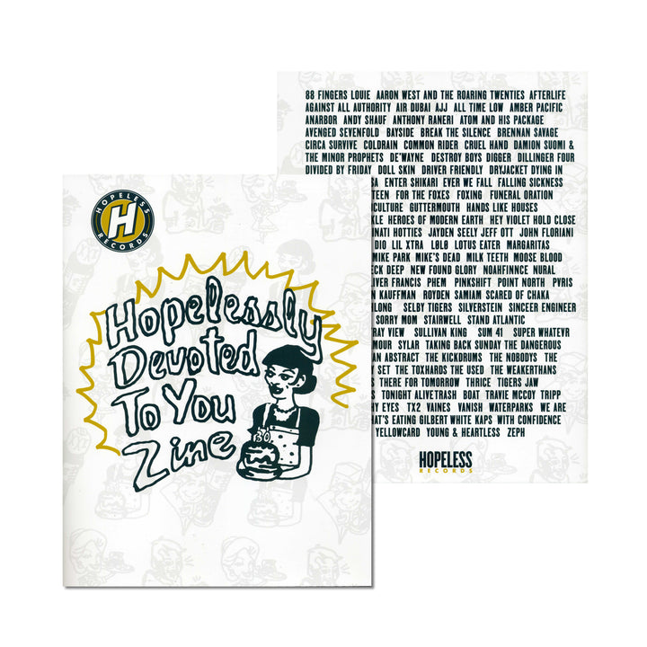 Front and back covers of a zine titled “Hopelessly Devoted To You Zine” by Hopeless Records. The front shows a cartoon holding a cat; the back lists bands and artists, celebrating Hopeless Records’ 30th Anniversary in bold text.