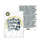 Front and back covers of a zine titled “Hopelessly Devoted To You Zine” by Hopeless Records. The front shows a cartoon holding a cat; the back lists bands and artists, celebrating Hopeless Records’ 30th Anniversary in bold text.