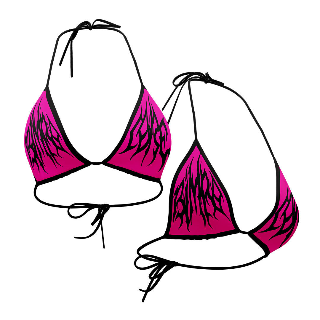 A pink Scene Queen string bikini top with black straps and abstract flame designs on each cup, shown from front and back on a white background—a must-have custom bikini for any trendsetter.