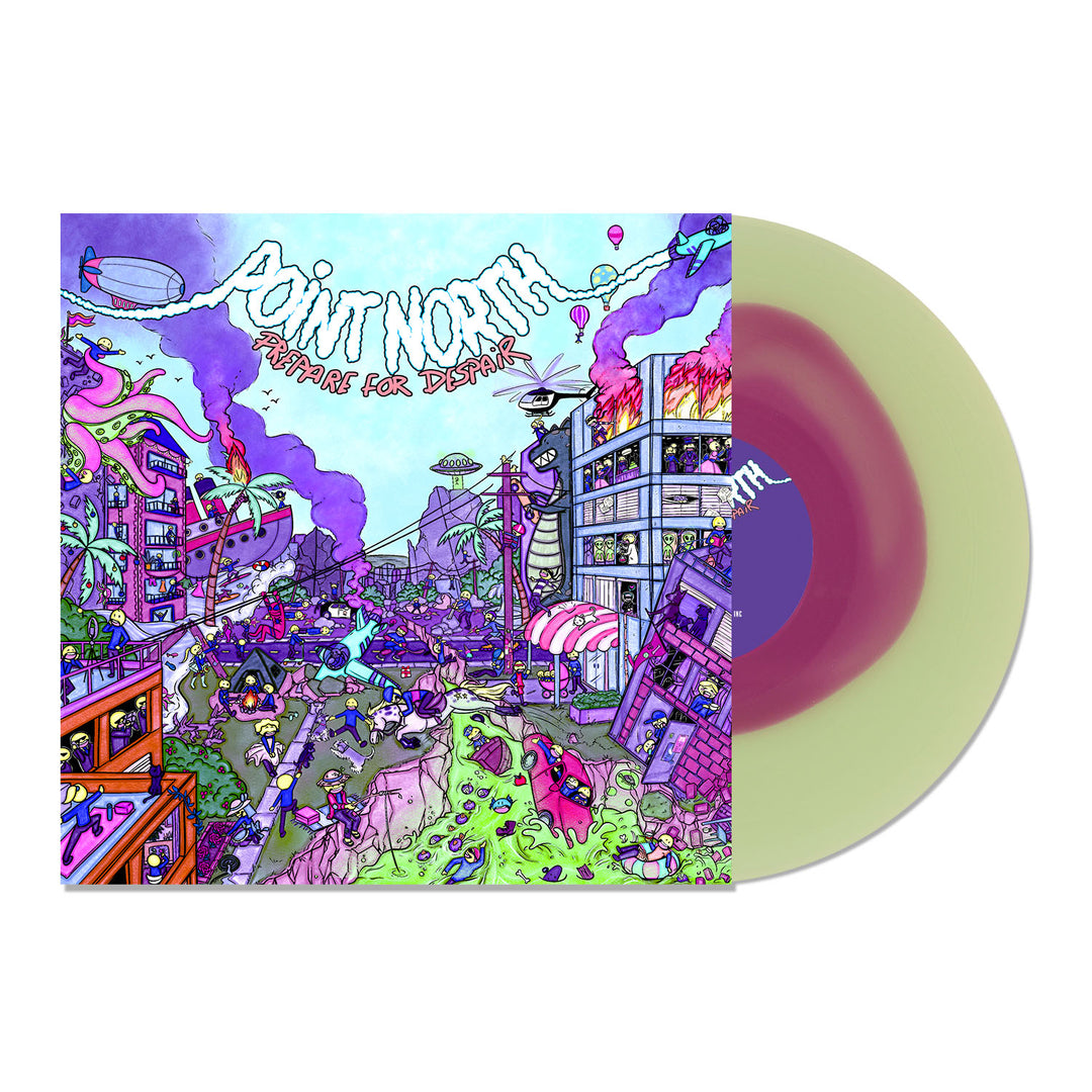 A pastel green vinyl record slides out of a vibrant illustrated album cover for Point North’s Prepare For Despair, showcasing a chaotic cityscape filled with cartoon characters, purple smoke, and playful buildings reminiscent of Dark Days.