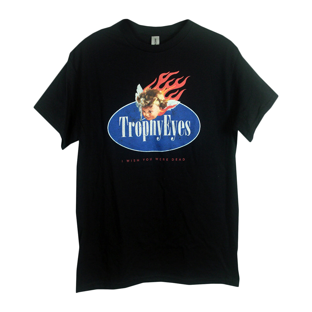 Trophy Eyes black T-shirt with a blue oval logo, vintage flaming cherub illustration above, and “I wish you were dead” in red below.