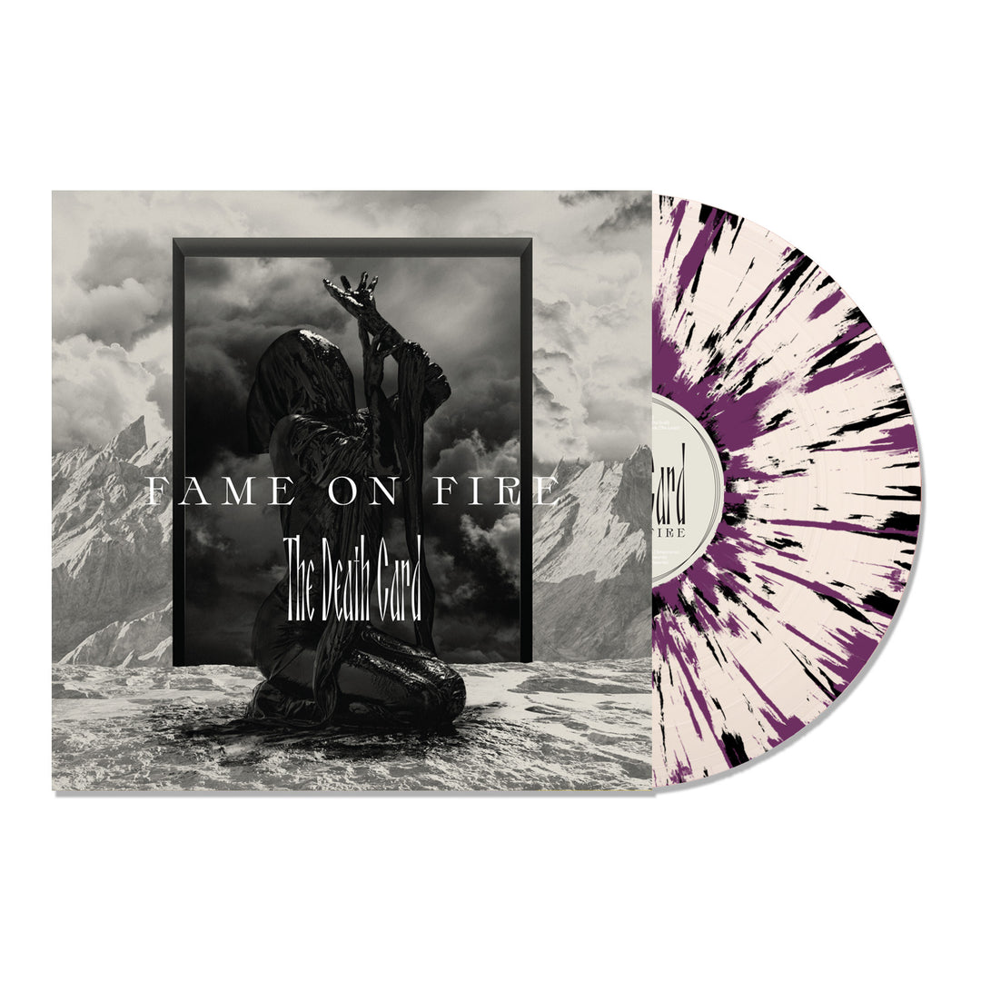 A limited edition white vinyl with purple splatter by Fame On Fire sits next to cover art of a dark figure reaching up in water with mountains behind. Text reads FAME ON FIRE: The Death Card. Special tarot cards included.