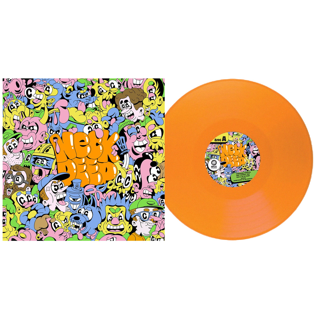 An orange vinyl record by Neck Deep sits beside its cover, which is decorated with colorful cartoon faces and bold orange Neck Deep text in the center, referencing their album Heartbreak Of The Century.