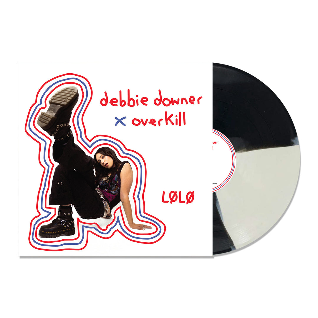 Limited edition L0L0 vinyl record partially out of its sleeve, featuring a woman in chunky black boots and “debbie downer x overkill” with “LOLO” in red and blue outlined text on a white background.