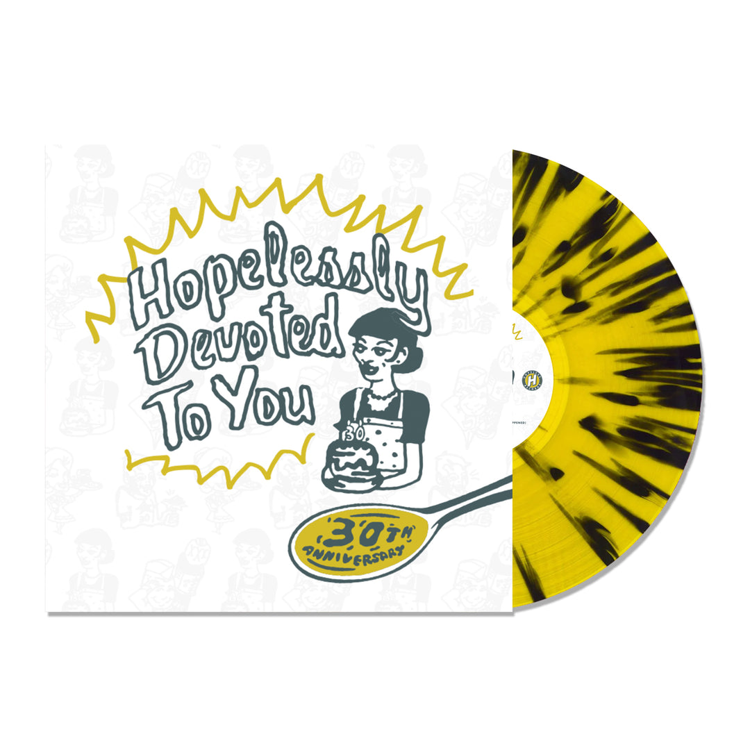 A yellow and black splatter vinyl record from Hopeless Records partially slides out of a white cover that reads Hopelessly Devoted To You 30th Anniversary, featuring an illustrated woman with a cake—ideal for collectors.