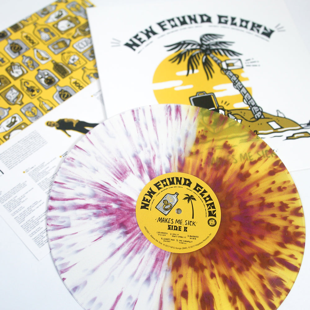 A white, yellow, and red splatter-patterned vinyl from New Found Glory rests on its “Makes Me Sick and E.P.” album cover, featuring a stylized palm tree. The partially visible tracklist can be seen in the background.