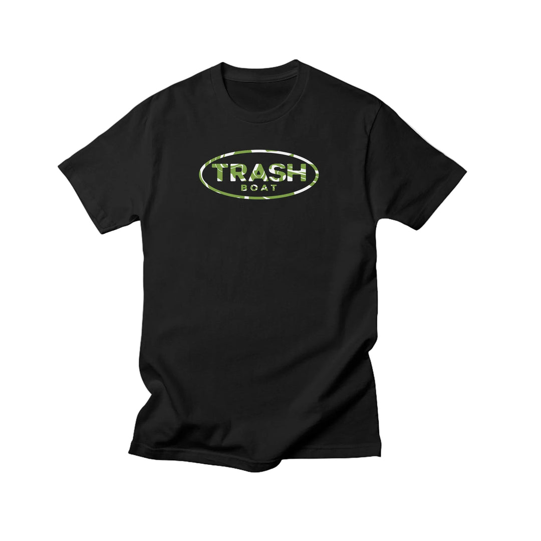 Black Trash Boat Comfort Colors T-shirt featuring an oval logo with bold, yellow-green camo TRASH BOAT lettering on the front center. The exclusive tee is shown laid flat on a white background.