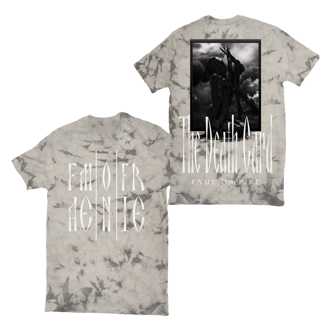 Fame On Fire Colortone tie-dye t-shirt featuring their name in stylized white on the front and a black-and-white grim reaper with The Death Card text printed on the back.