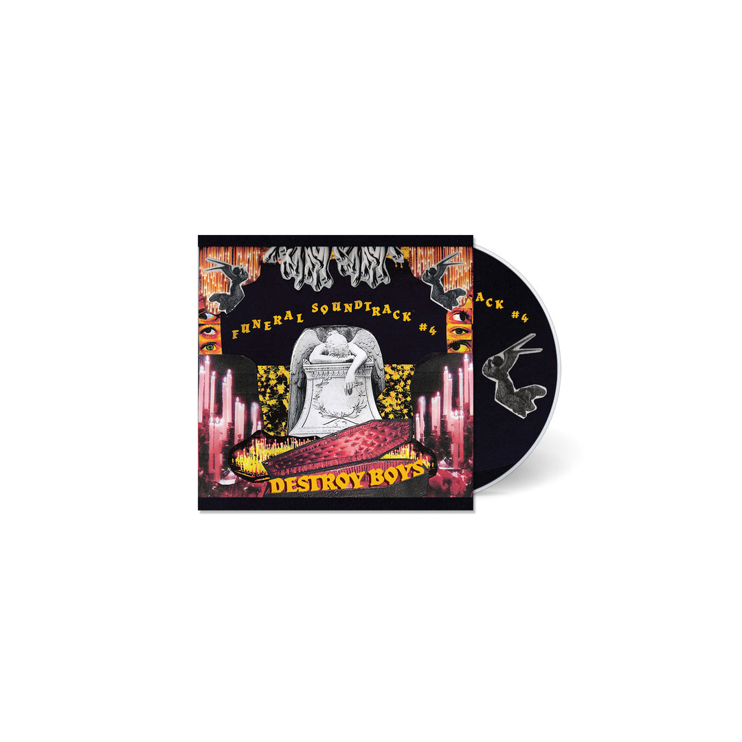 CD case and disc of Funeral Soundtrack by Destroy Boys. The cover shows a white angel statue over a red casket, surrounded by pink candles and yellow flowers, with Boyfeel in gothic text on a black background. Brand: Destroy Boys.