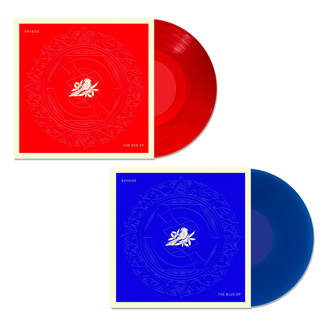 Two limited edition Bayside vinyl records are shown: The Red EP—a red disc with a red and white floral cover—and The Blue EP—a blue disc with a blue and white floral cover.