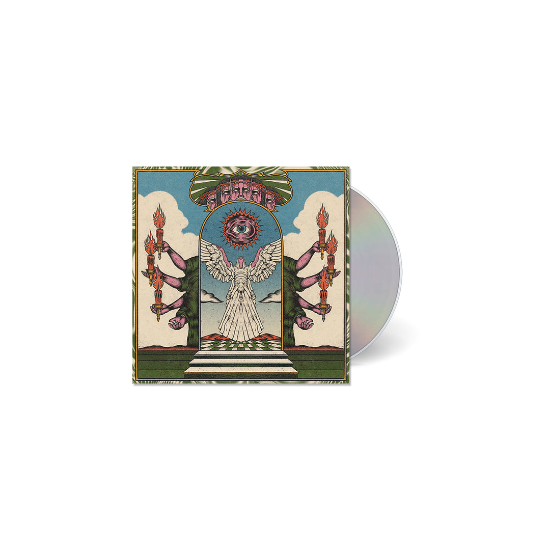 A CD by Trash Boat featuring a cover with an angel, wings, red and pink flowers, torches, an all-seeing eye above, clouds, and geometric designs—creating a mystical vibe reminiscent of Watching Heaven.