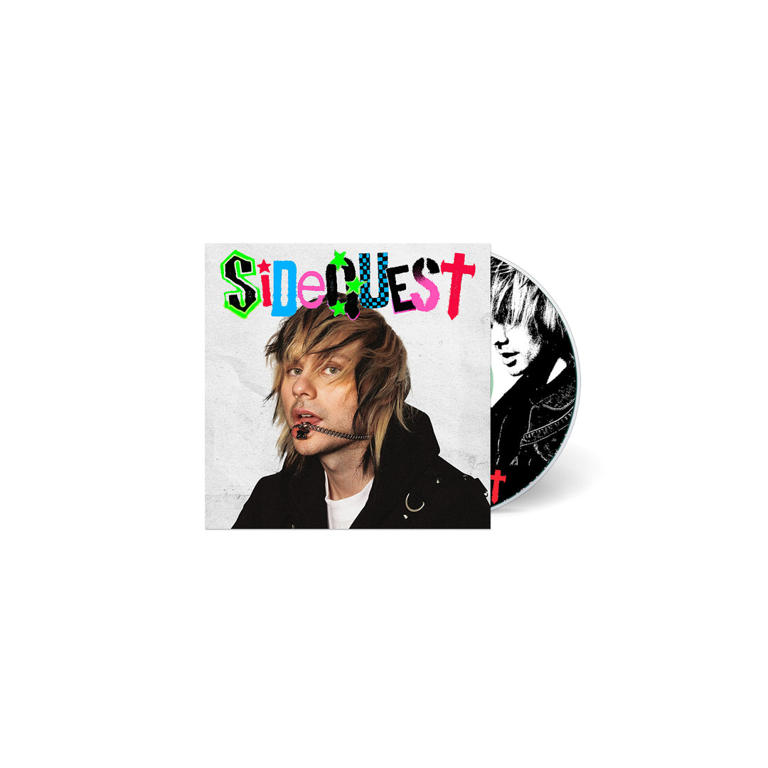 A CD and its case from Michael Clifford feature an illustrated blonde figure with heavy eye makeup and headset mic, evoking a Porter Robinson feel. SideQUEST appears in colorful, distorted text. Release date: July 25th, 2025.