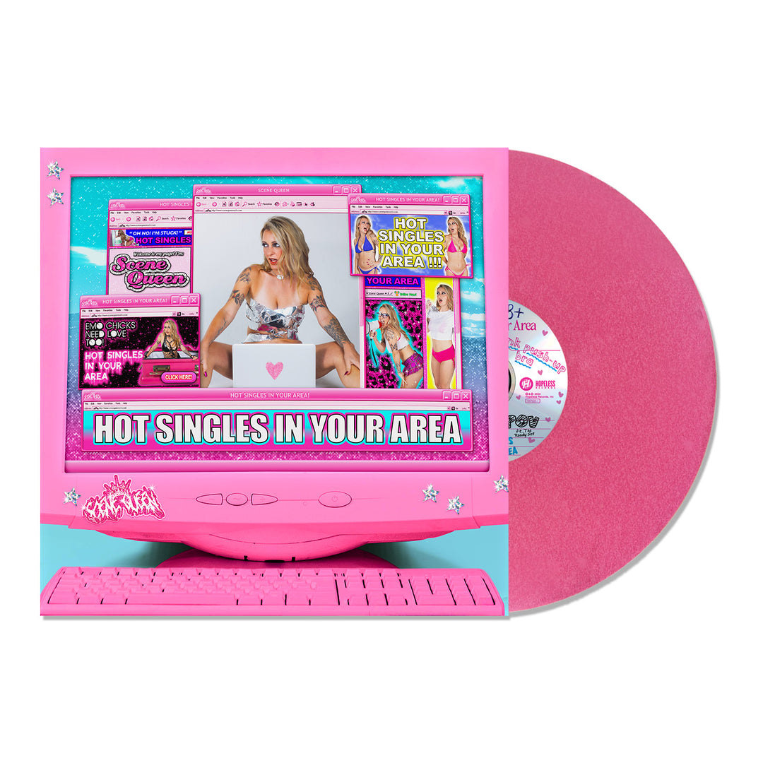 A limited edition pink vinyl from Scene Queen beside its cover, featuring a retro pink computer with images of women, bold HOT SINGLES IN YOUR AREA text, colorful pop-up ads, and an exclusive release tracklisting.