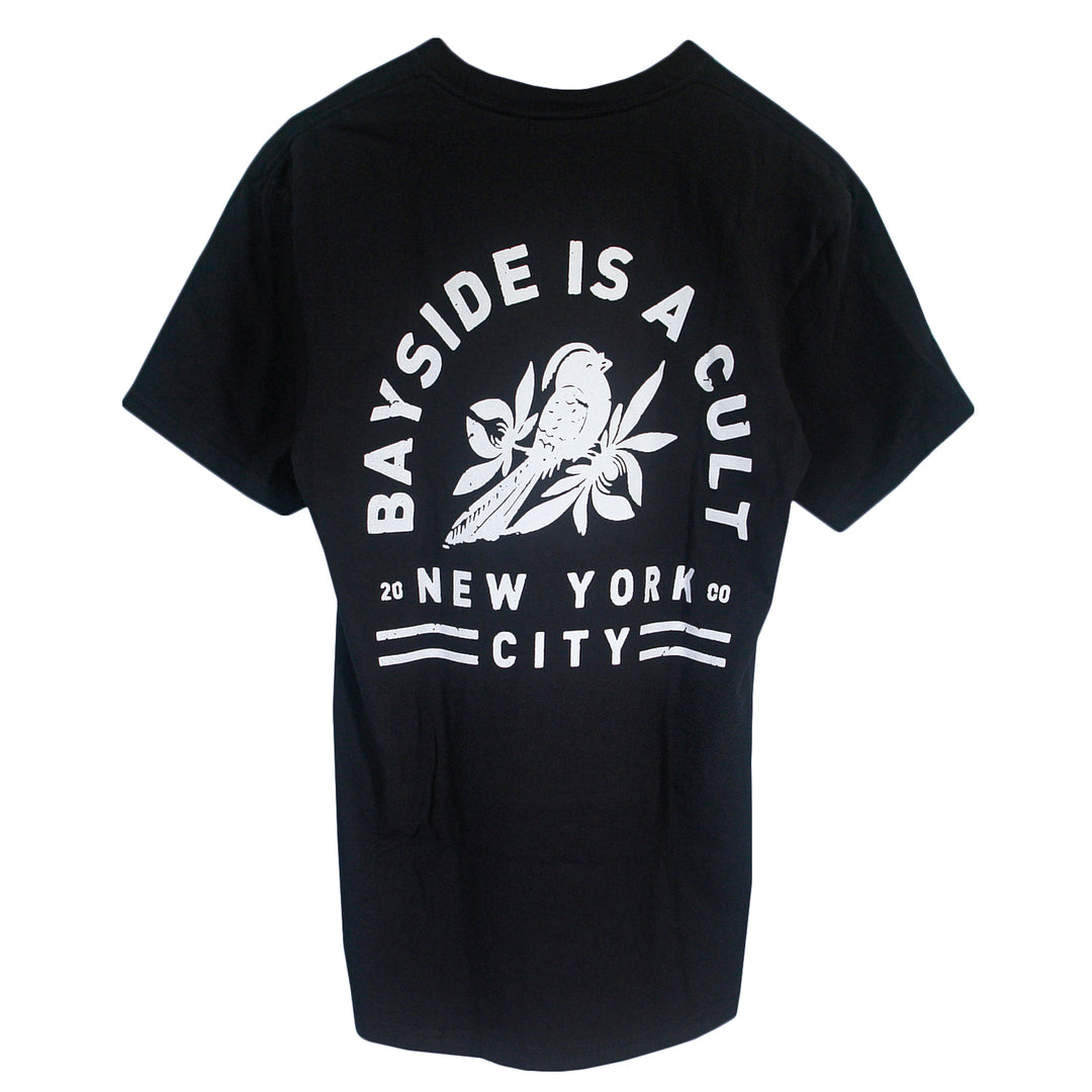 Black Bayside t-shirt with a white graphic on the back featuring a bird surrounded by leaves, the text BAYSIDE IS A CULT, and 20 NEW YORK CITY CO.