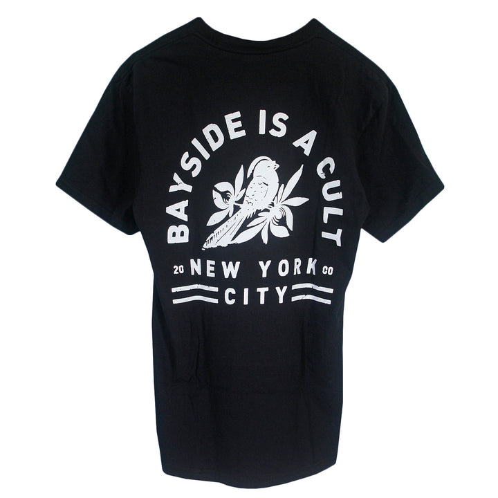 Black Bayside t-shirt with a white graphic on the back featuring a bird surrounded by leaves, the text BAYSIDE IS A CULT, and 20 NEW YORK CITY CO.