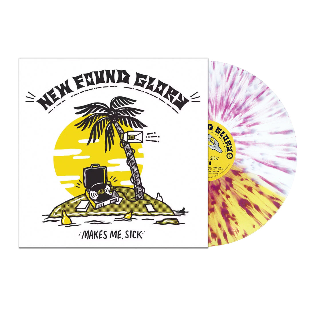 New Found Glorys Makes Me Sick album features a cover with a deserted island, palm tree, suitcase, and spilled drink under a yellow sun. The white vinyl with purple and yellow splatters matches the bands vibrant energy.