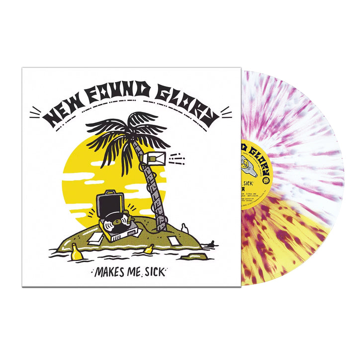 New Found Glorys Makes Me Sick album features a cover with a deserted island, palm tree, suitcase, and spilled drink under a yellow sun. The white vinyl with purple and yellow splatters matches the bands vibrant energy.
