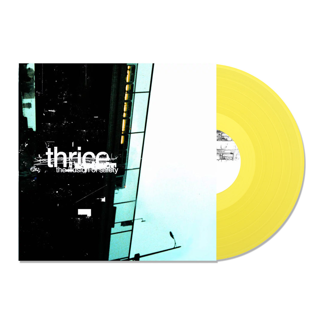 A yellow vinyl record slides out of Thrice’s The Illusion of Safety album cover, featuring an abstract urban design with teal and black tones, white text, and tracks like "Kill Me Quickly" and "Deadbolt.