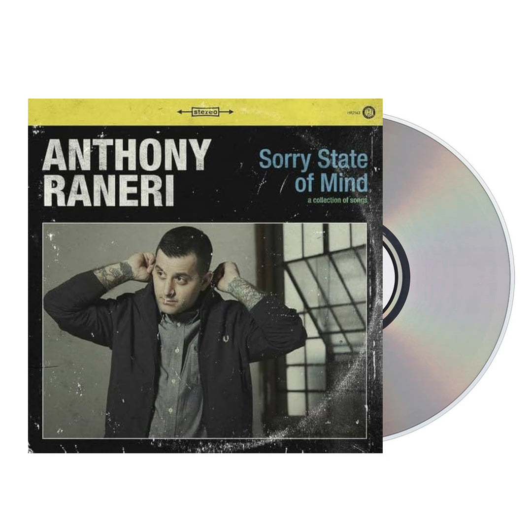 CD cover for Anthony Raneri’s Sorry State Of Mind. It features a dark-haired, tattooed man adjusting his collar against a distressed, vintage-style background, capturing the raw emotion and unique vibe of the music.