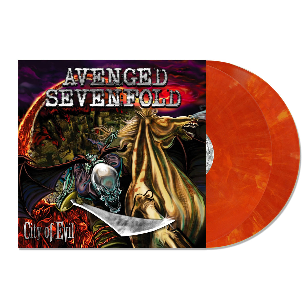 The image displays Avenged Sevenfold’s City of Evil album cover, with striking grim reaper artwork and two orange marbled Limited Edition vinyl records partially shown on the right.