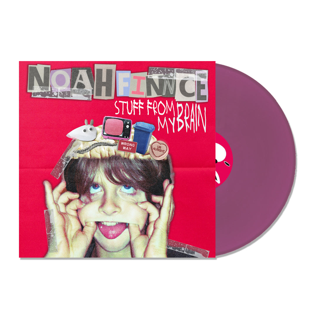 NOAHFINNCEs STUFF FROM MY BRAIN album cover showcases a lively purple LP (limited to 1000). On a bold red background, someone makes silly faces with TV and arrow sign collages above their head.