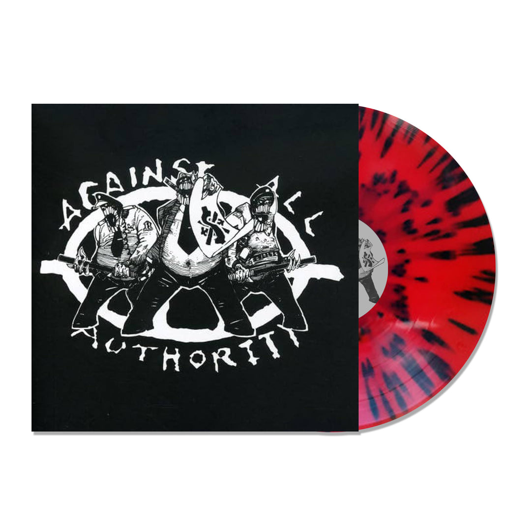The Against All Authority album cover for 24 Hour Roadside Resistance shows three bandana-clad figures with guitars, raised fists, and the bands name. The partially visible vinyl is red with a black splatter pattern.