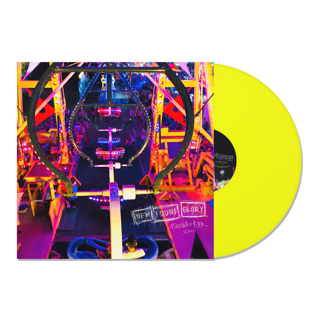 A vibrant album cover for New Found Glory with graffiti-style text, showing a neon-lit carnival ride at night and a Neon Yellow LP partially visible beside it. The title reads Forever + Ever x Infinity.