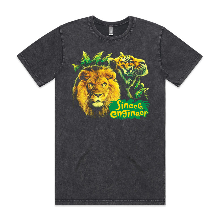 A black Stone Wash T-shirt from Sincere Engineer showcases a bold lion and tiger graphic with green leaves, plus "Sincere Engineer" in yellow and green text below—an exclusive design you won’t find anywhere else.