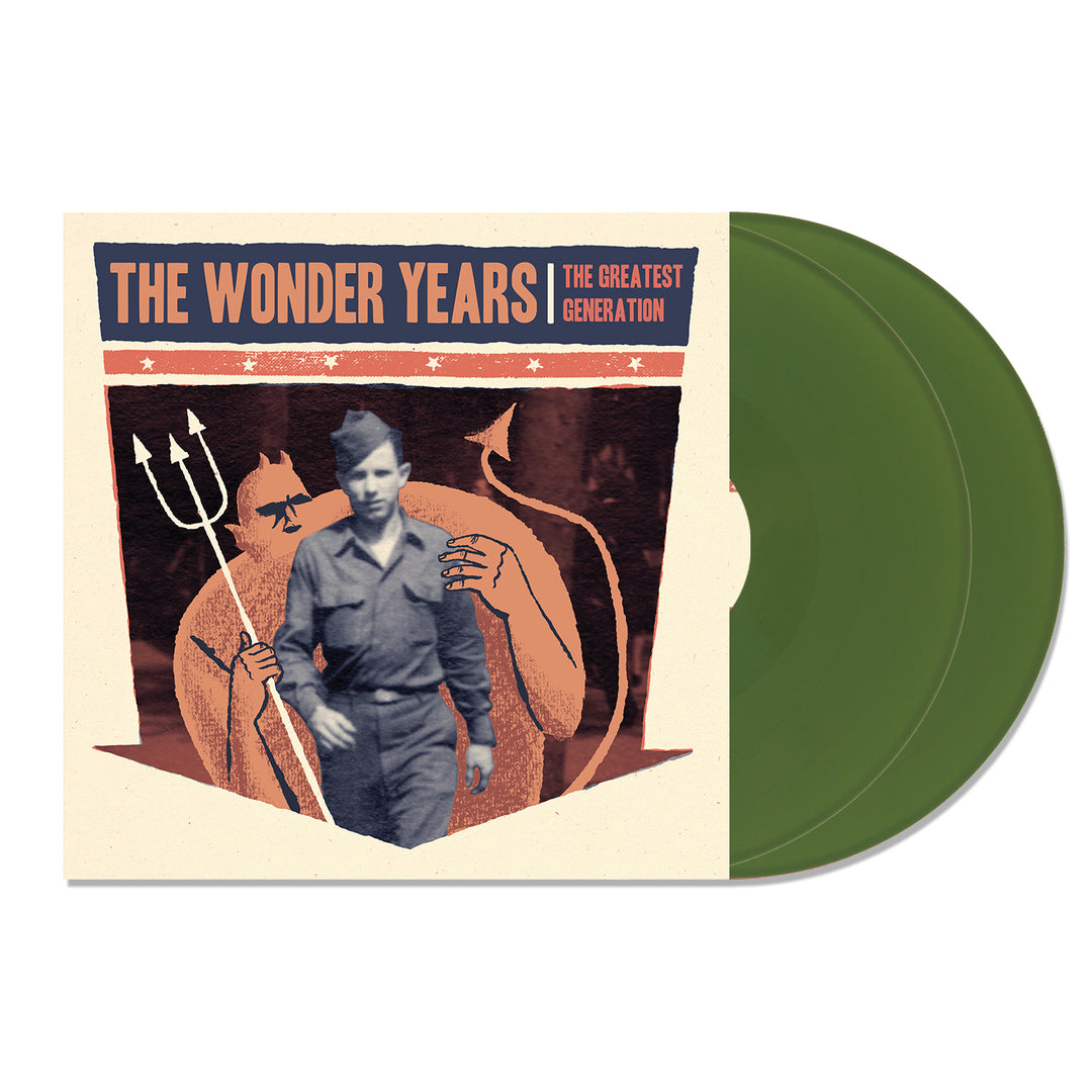 The Wonder Years The Greatest Generation album cover shows a collage—vintage photo of a man in uniform atop an illustrated figure with a trident—with Olive Green 2XLP vinyl records partly visible.