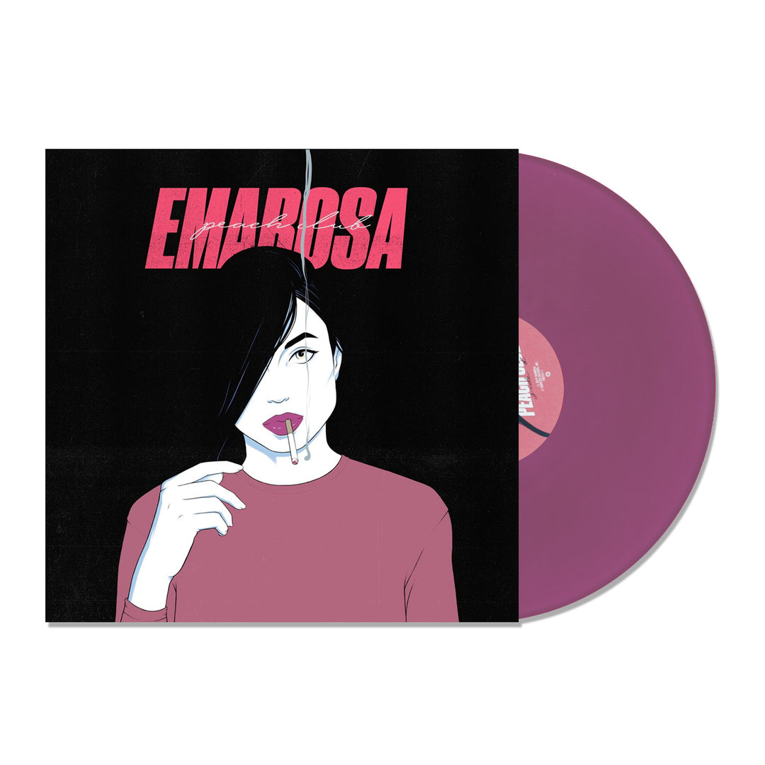 A purple vinyl record by Emarosa partially slides from its cover, which shows an illustrated woman with black hair, pink lips, and a cigarette beneath bold pink "EMAROSA" text on black, featuring tracks like "Givin' Up.
