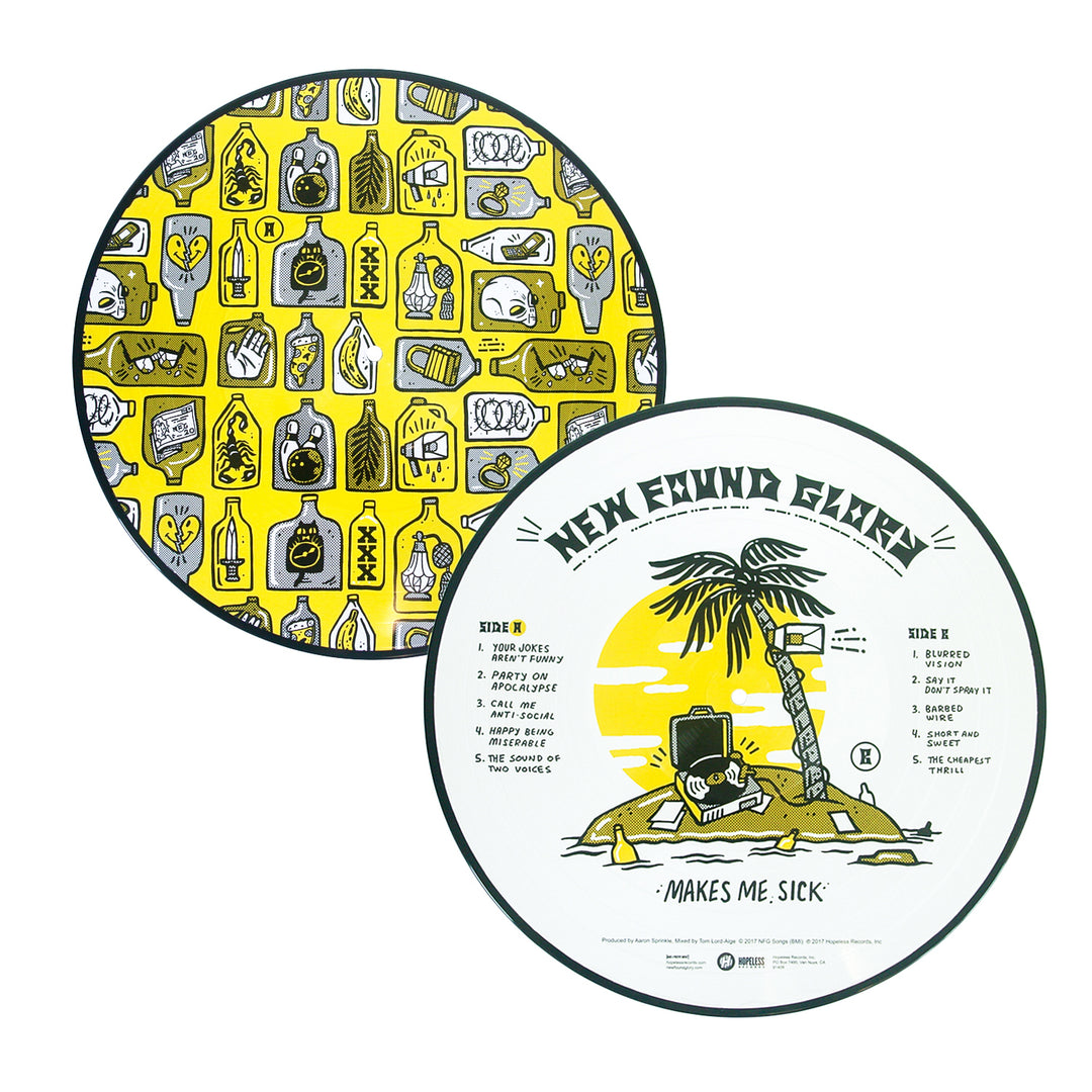 Two round vinyl records are shown. One features a yellow and black bottle pattern, while the other has a palm tree, TV, album tracklist with "Party On Apocalypse," and "New Found Glory – Makes Me Sick" at the top. Brand: New Found Glory.