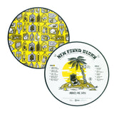 Two round vinyl records are shown. One features a yellow and black bottle pattern, while the other has a palm tree, TV, album tracklist with "Party On Apocalypse," and "New Found Glory – Makes Me Sick" at the top. Brand: New Found Glory.