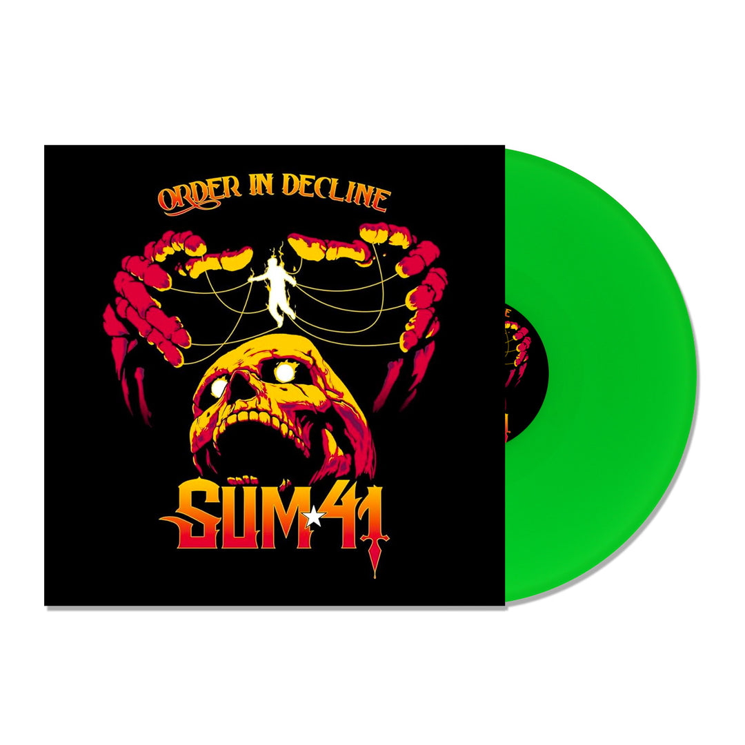 Sum 41 album cover for Order in Decline shows a large skull, red skeletal hands with puppet strings like in Out For Blood, and part of a neon green vinyl on the right. Brand: Sum 41.