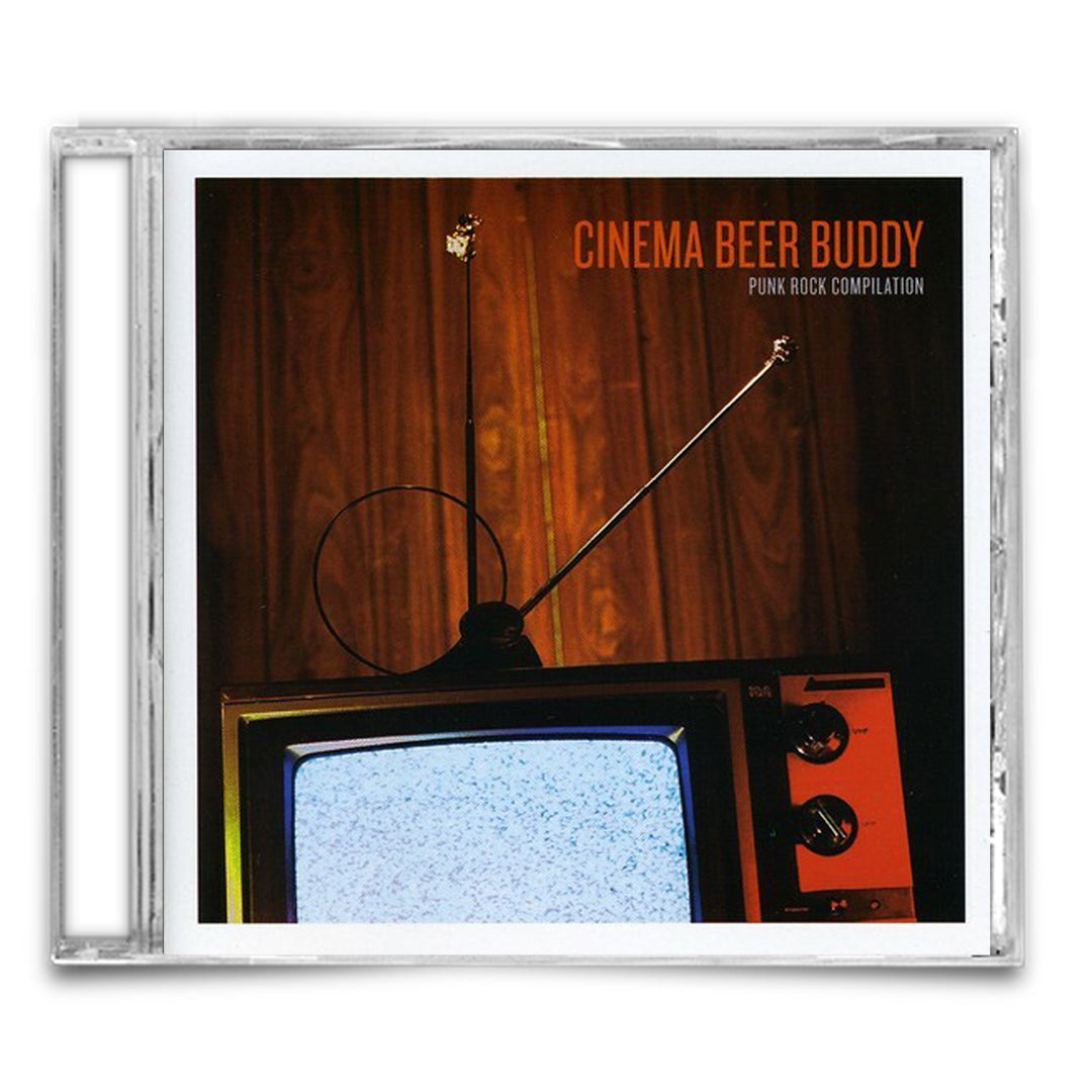 CD cover featuring an old TV with antennas displaying static against a wooden background. CINEMA BEER BUDDY PUNK ROCK COMPILATION is on the top right, evoking vintage music video and beer compilation vibes from Hopeless Records.