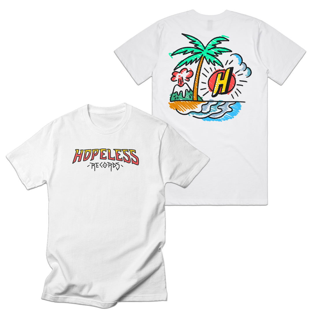 Hopeless Records white Comfort Colors tee with Hopeless Records in a handwritten font on the front. Back features a colorful cartoon palm tree, sun, waves, and a red H on an island.