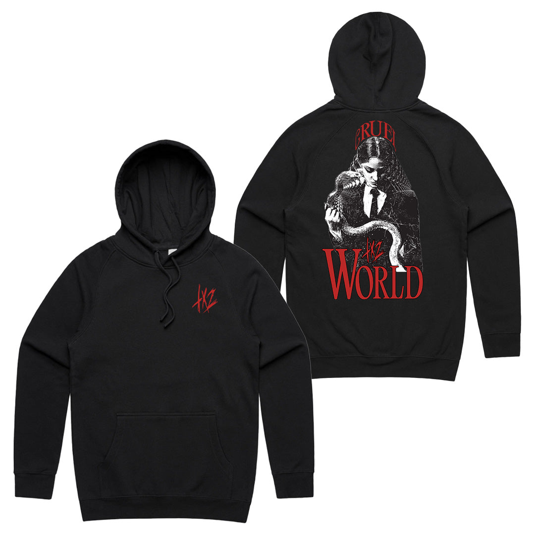 Black midweight hoodie by TX2 with a small red HZ logo on the front left chest. The back features a large graphic of a person holding a snake and bold red CRUEL WORLD text. Made by Independent Trading Co.