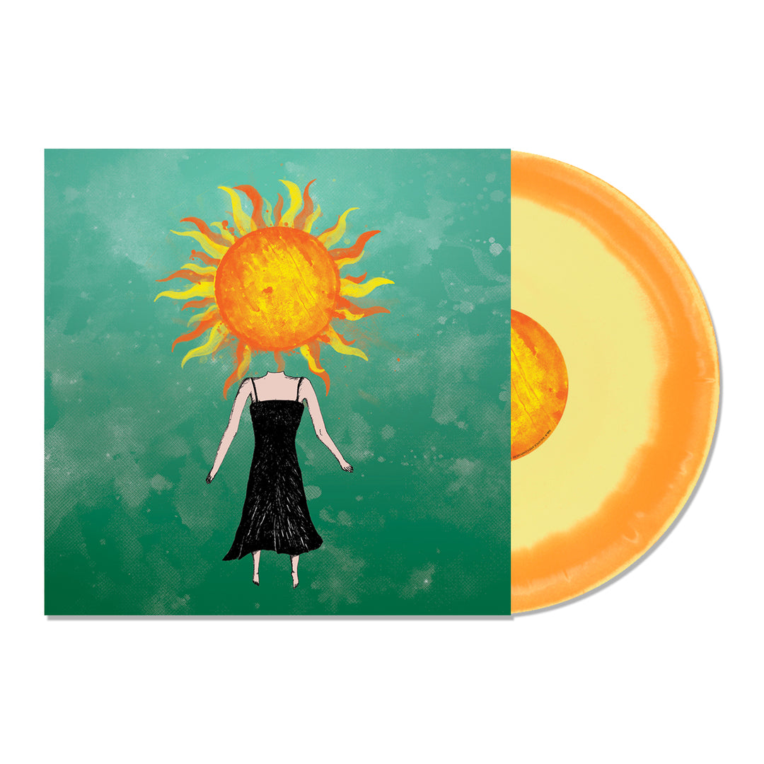 An illustrated Separation album cover from Balance And Composure depicts a person in a black dress with a sun for a head on a green background, with an Orange & Yellow Swirl vinyl partially visible next to it.