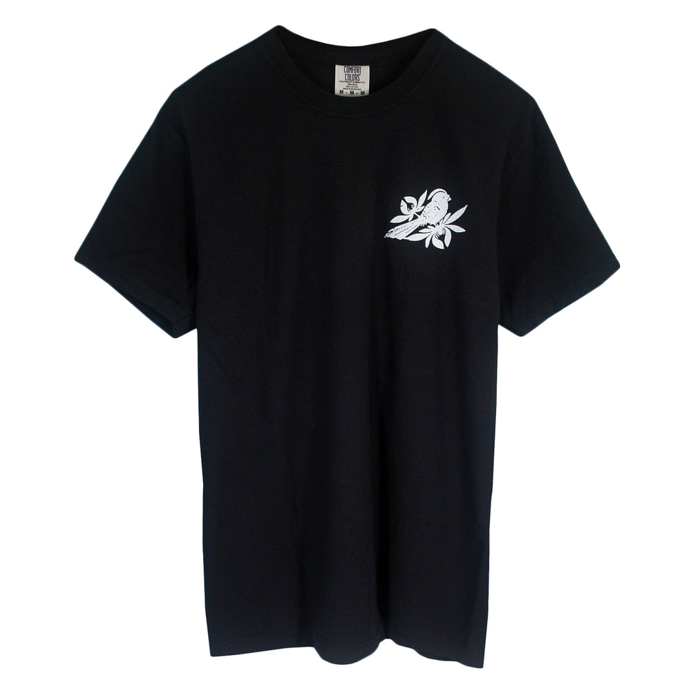 Black Bayside short-sleeve t-shirt with a white line-art Bird Cult graphic of a bird perched on a branch on the left chest.