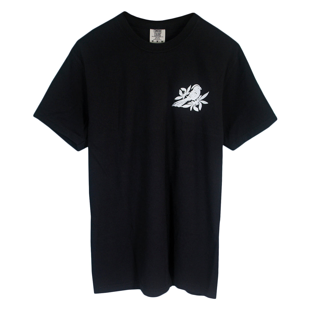 Black Bayside short-sleeve t-shirt with a white line-art Bird Cult graphic of a bird perched on a branch on the left chest.