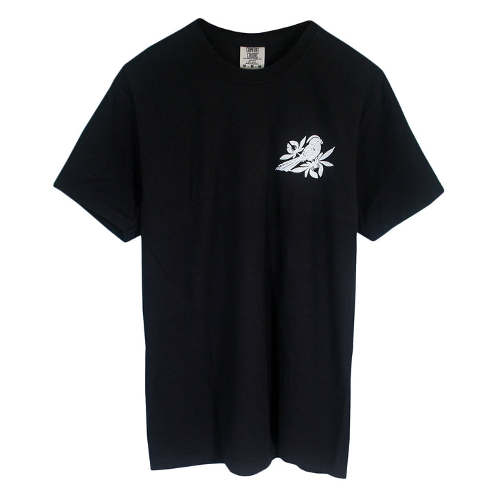Black Bayside short-sleeve t-shirt with a white line-art Bird Cult graphic of a bird perched on a branch on the left chest.