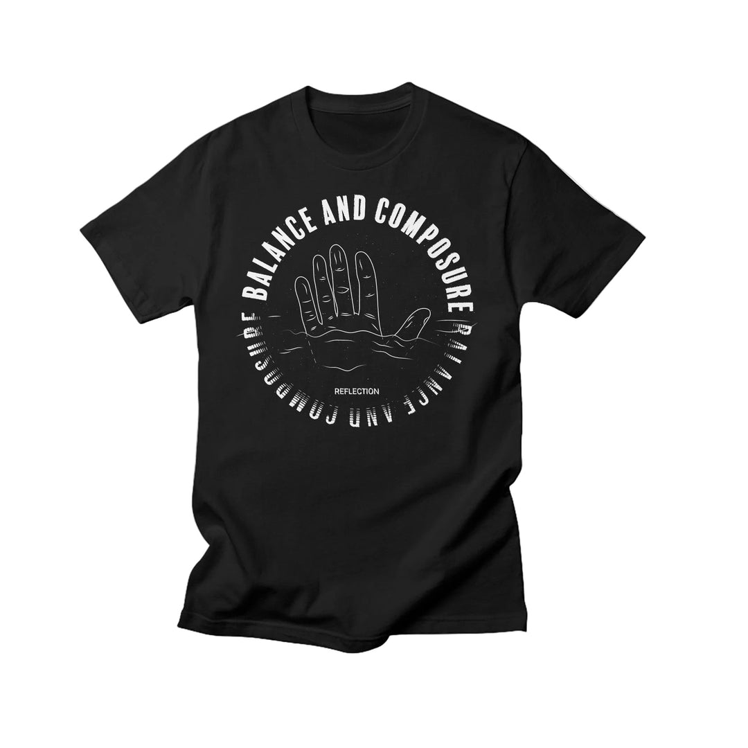 Balance And Composure black Comfort Colors T-shirt with a white outlined palmistry hand on the front, “BALANCE AND COMPOSURE” encircling it, and “REFLECTION” below. Soft fabric ensures everyday comfort.
