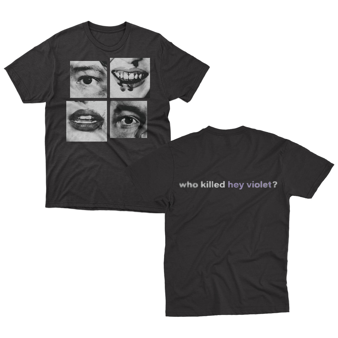 This Hey Violet exclusive features a black Comfort Colors T-shirt with four black-and-white mouth photos on the front and “who killed hey violet?” on the back—“hey violet” in purple, the rest in white.