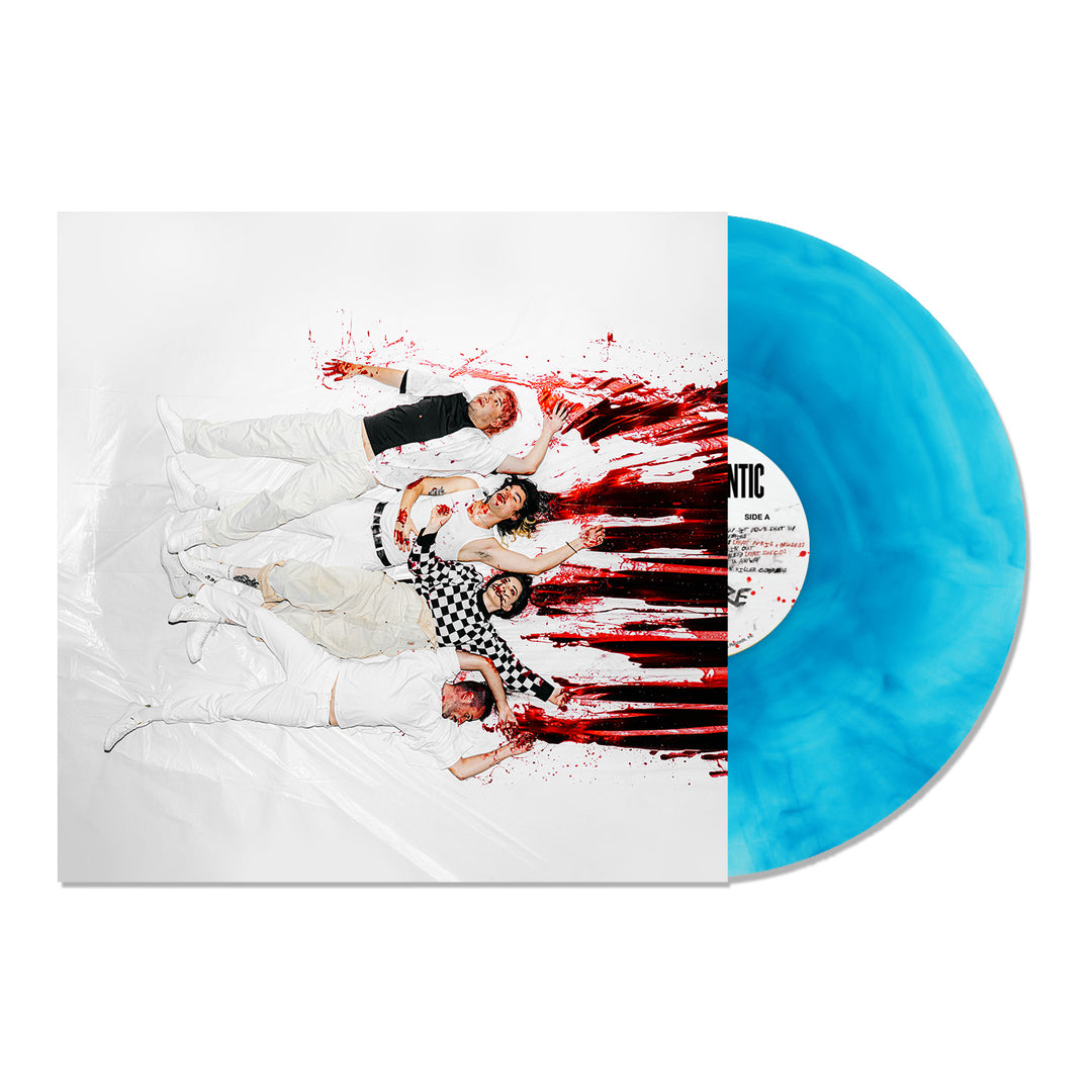 A blue vinyl record by Stand Atlantic with a limited edition cover depicting five people in white clothes lying on a white surface, accented with dramatic red paint splatters.