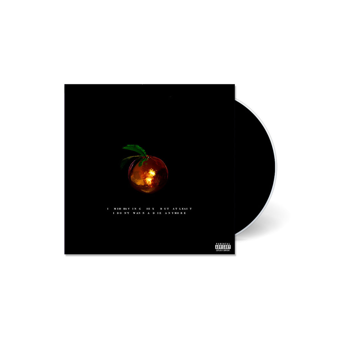 A CD by Waterparks with a black cover features a peach illustration in the center, small white track titles below it, and a parental advisory label in the bottom right. The CD, I Miss Having Sex But At Least I Dont Wanna Die Anymore, is partially visible on the right.