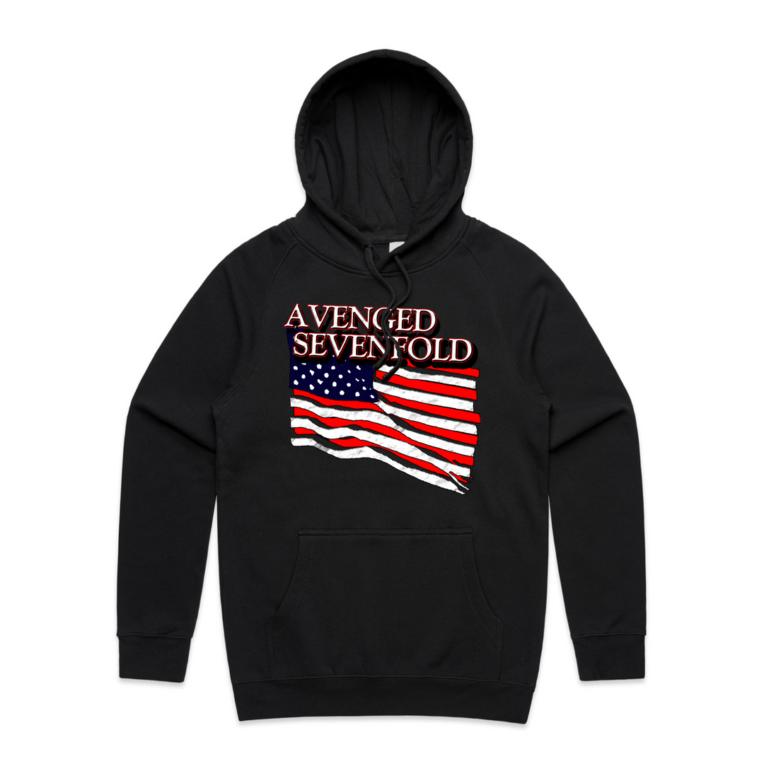 An Avenged Sevenfold black pullover hoodie with band text above a distressed, waving American flag graphic on the front.